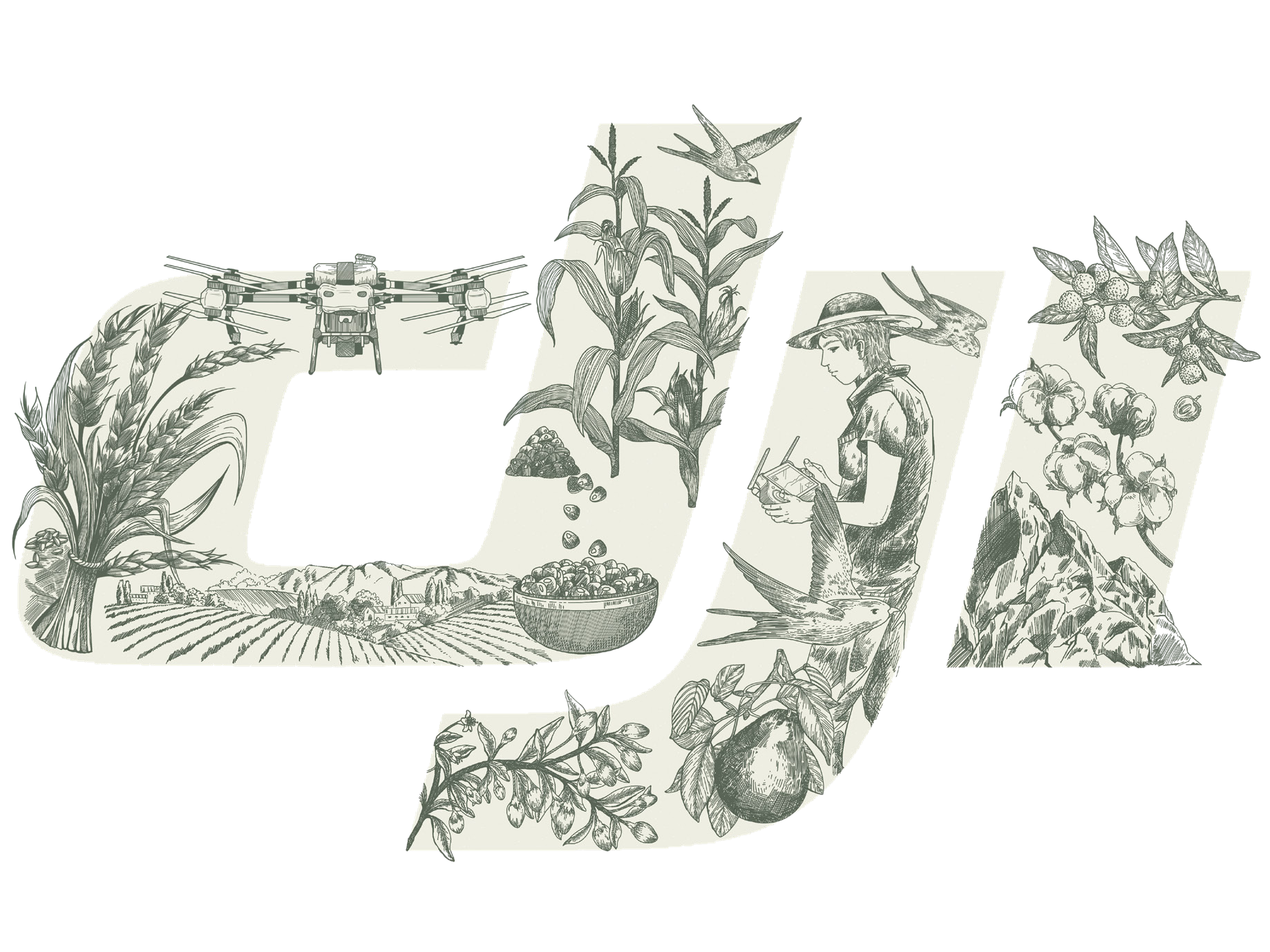 Logótipo DJI ilustrado com pessoas, culturas e tecnologia agrícola